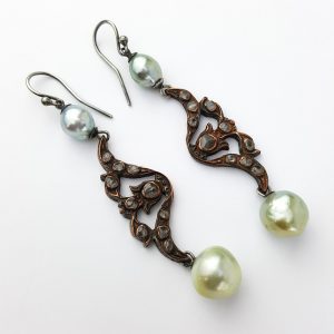 ER-56 South Sea Baroque Pearls with vintage decoration and intan diamonds on sterling silver wire